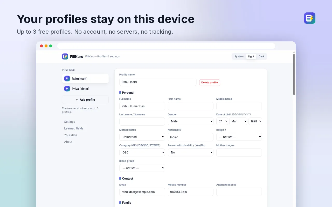 Up to 3 profiles – FillKaro screenshot