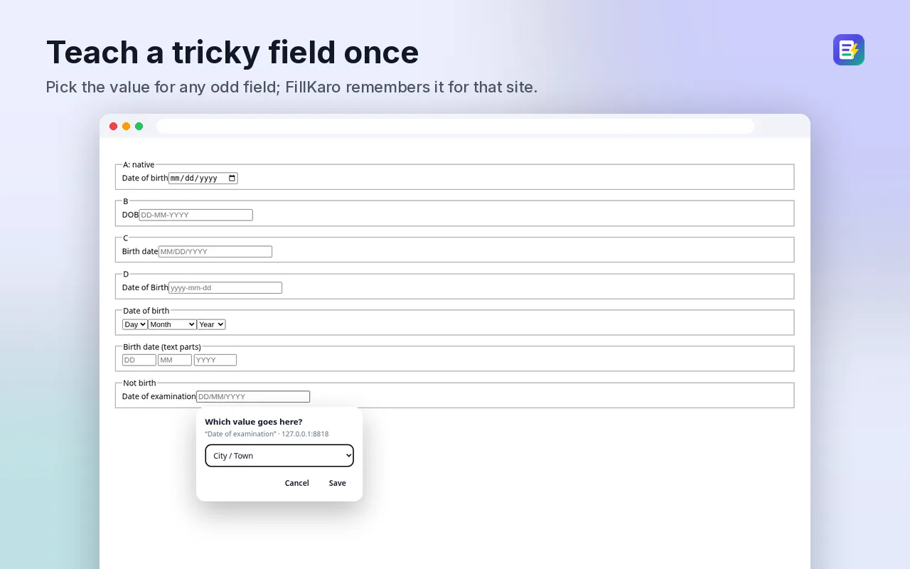 Teach a field once – FillKaro screenshot