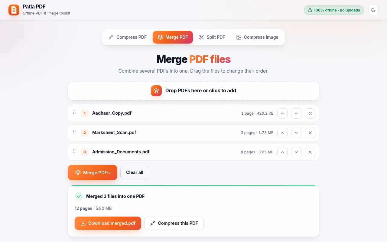 Merge PDFs – Patla PDF screenshot